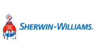 Sherwin-Williams logo with red paint can pouring paint over a globe and company name in blue on a blue background