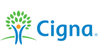 Cigna logo featuring a blue human figure with green leaves forming a tree on a white background.