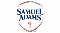 Samuel Adams logo with navy text and a copper shield outline featuring a small beer glass icon.