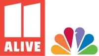 Colorful 11 Alive logo with red background next to NBC's multicolored peacock logo on black background