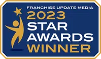 2023 Star Awards Winner badge by Franchise Update Media with gold figure holding star on blue background