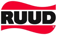 Logo of RUUD featuring bold letters with a red wave design.