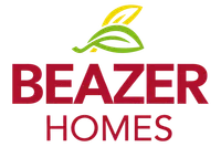 Beazer Homes logo featuring red text and green and yellow leaf graphics above text.