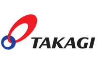TAKAGI logo with a red and blue abstract circular design beside black bold text on white background