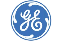 General Electric GE logo in white on a blue circular background with decorative swirls.