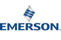Emerson logo with blue and silver stylized diamond shape above bold blue text EMERSON on transparent background