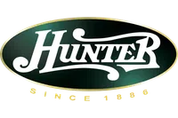 Hunter logo with white classic script on dark green oval background and gold border, since 1886 text below
