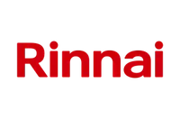 Rinnai logo with bold red letters on a transparent background representing the brand.