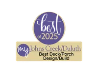 Award badge for best deck and porch design and build in Johns Creek and Duluth for 2025.
