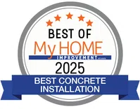 Best of My Home Improvement 2025 award badge for Best Concrete Installation with five orange stars.
