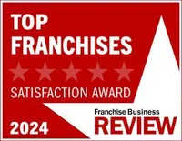 Top Franchises Satisfaction Award 2024 badge with five stars and Franchise Business Review logo on red background