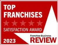 Top Franchises Satisfaction Award 2023 badge from Franchise Business Review in red and white.