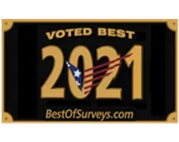 Voted Best 2021 gold emblem badge with American flag design and BestOfSurveys.com text on black background