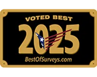 Gold plaque with text Voted Best 2025 and BestOfSurveys.com with patriotic design on black background