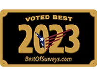 Black and gold badge with text Voted Best 2023 and BestOfSurveys.com featuring a stylized American flag.