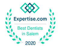 Expertise.com award badge for Best Dentists in Salem 2020 with laurel wreath and geometric logo.