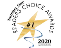 #1 Reader's Choice Awards 2020 gold star logo with swirling ribbon and website text