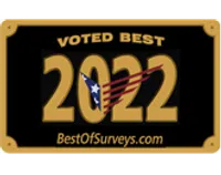 Voted Best 2022 award badge with gold text and blue star design on black background