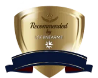 Gold shield badge with blue ribbon reading Recommended by LoginFarm, featuring decorative emblem.