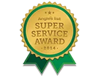 Gold and green badge for Angie's List Super Service Award 2014 with ribbon and star accents