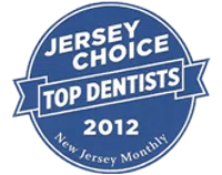 Blue circular badge with white text reading Jersey Choice Top Dentists 2012 New Jersey Monthly.