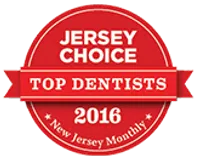 Red circular badge for Jersey Choice Top Dentists 2016 by New Jersey Monthly magazine.