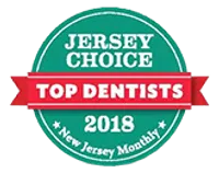 Jersey Choice Top Dentists 2018 award badge by New Jersey Monthly in green and red.