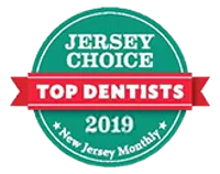 Jersey Choice Top Dentists 2019 badge awarded by New Jersey Monthly magazine with green and red design.