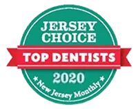 Jersey Choice Top Dentists 2020 award badge by New Jersey Monthly with green and red design