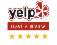 Yelp logo with red leave a review button and five gold stars below encouraging customer reviews.