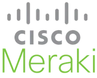 Cisco Meraki logo with grey and green text and stylized signal bars above the name.