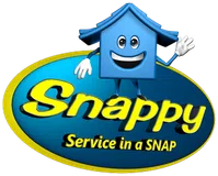 Blue house character smiling and waving above Snappy logo with tagline Service in a SNAP on blue oval background.