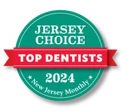 2024 Jersey Choice Top Dentists badge in green and red from New Jersey Monthly magazine