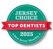 Jersey Choice Top Dentists 2025 badge from New Jersey Monthly with teal circle and red ribbon.