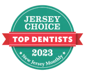 Jersey Choice Top Dentists 2023 badge awarded by New Jersey Monthly magazine with teal and red design