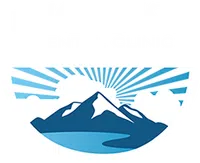 Big Sky Dental Clinic logo with stylized mountain, sunburst, and river in blue and white colors.