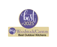 Best of 2025 award badge for Woodstock/Canton's Best Outdoor Kitchens in purple and beige colors.