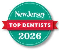 New Jersey Monthly Top Dentists 2026 badge with green circle and red banner. 