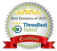 Silver badge with five gold stars, ThreeBest Rated logo, Best Business of 2025 text, and red Excellence ribbon.