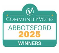 Community Votes Abbotsford 2025 Winners logo with teal background and orange highlights
