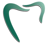 Abstract green curved shape forming a partial heart-like outline on a white background