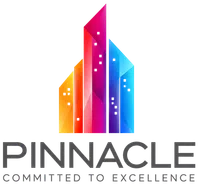 Colorful geometric building shapes forming a rising peak with Pinnacle logo and tagline committed to excellence.