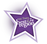 Purple star graphic with white and lavender outlines featuring The Times best of the region 2024 text.