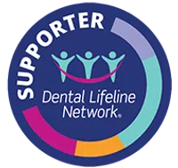 Supporter badge for Dental Lifeline Network with three figures and multicolor circular design.