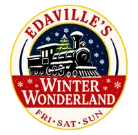 Logo of Edaville's Winter Wonderland featuring a snow-covered train and Christmas tree with snowflakes on a circular background.