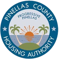 Pinellas County Housing Authority logo with sunset, palm trees, and text Progressive Pinellas