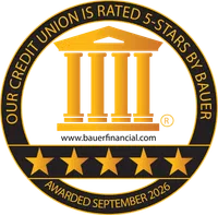 Gold and black seal showing a credit union rated 5 stars by Bauer with five gold stars and website link.