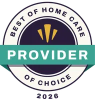 Seal badge reading Best of Home Care Provider of Choice 2026 with decorative gold and teal elements