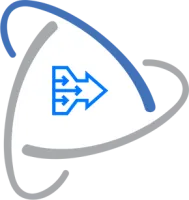 Abstract triangular shape with blue and grey curved lines and a central blue arrow pointing right with three smaller arrows merging
