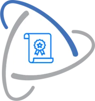 Blue certificate icon with a ribbon inside a triangular shape with overlapping curved lines in blue and gray